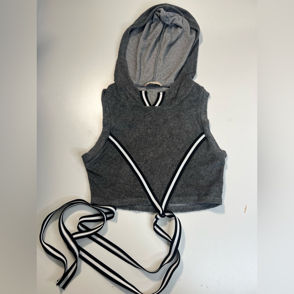 Hologram Streetwear Gray Sleeveless Hoodie Terry Crop Top Size Small